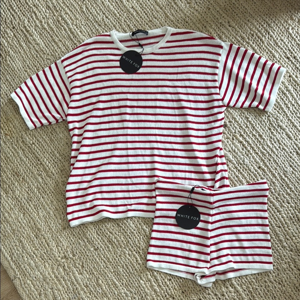 White Fox Boutique Red & White Striped Short Sleeve Knit Top